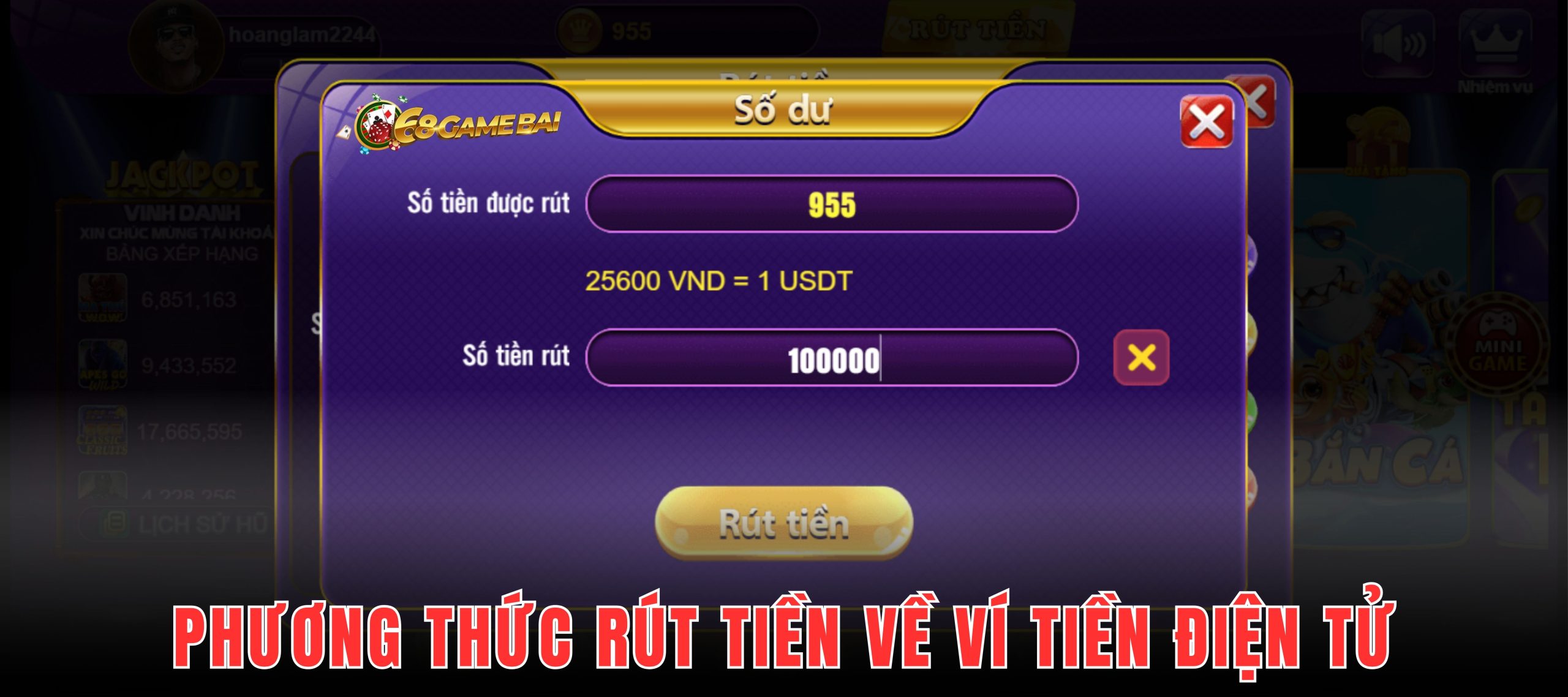 Với mỗi 25.600 VND trong tài khoản cổng game sẽ đổi được 1 USDT