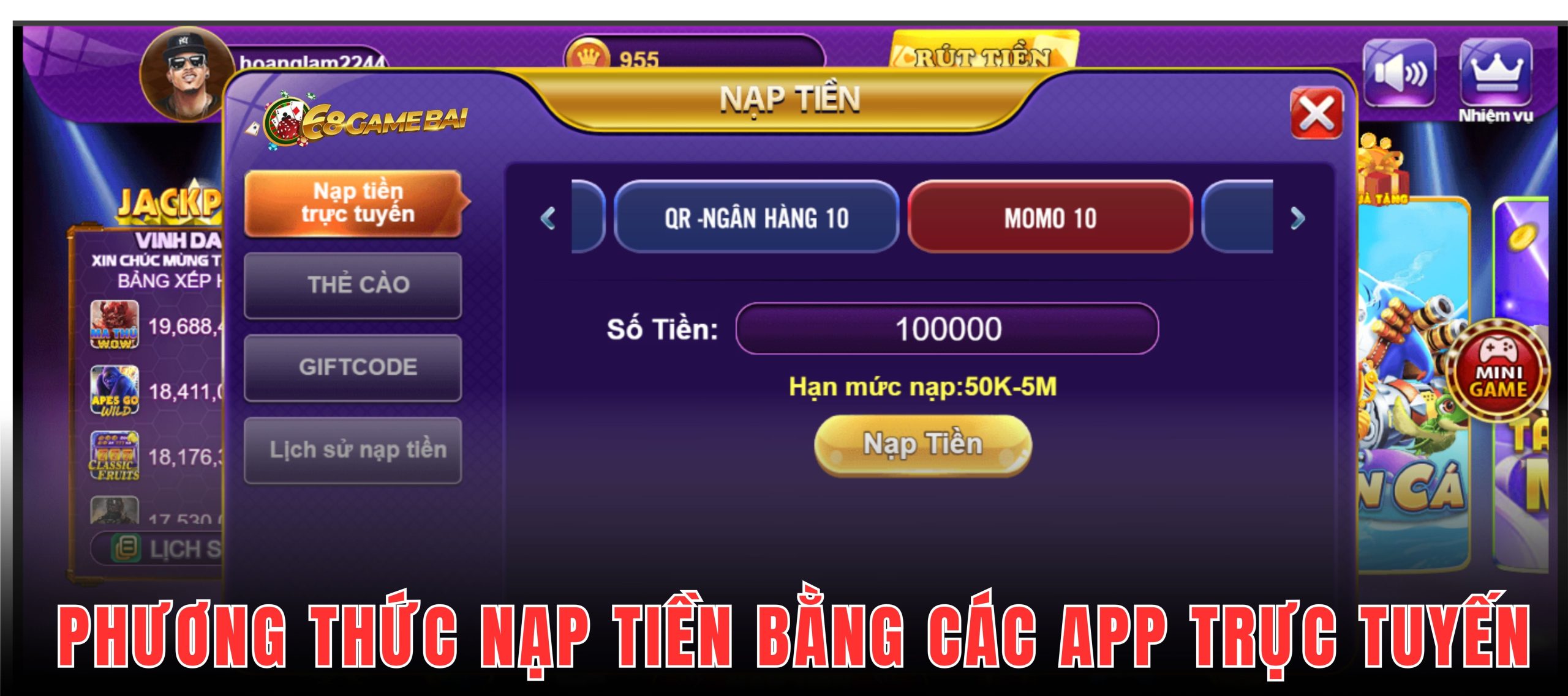 Nạp tiền 68 Game Bài trực tuyến bao gồm internet banking và ví điện tử