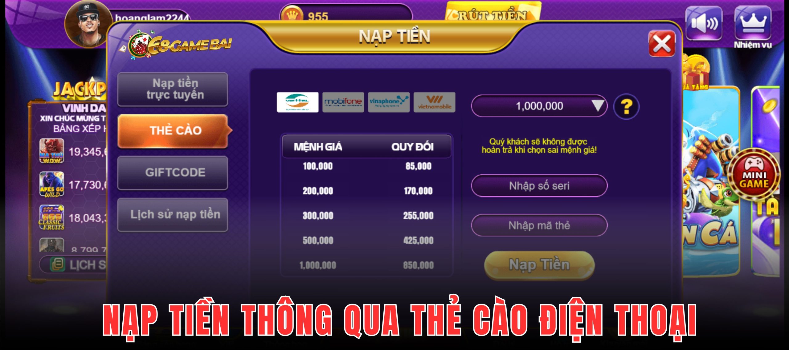 Phương thưc nạp tiền 68 Game Bài bằng thẻ cào chỉ yêu cầu thông tin thể và không cần thông tin cá nhân